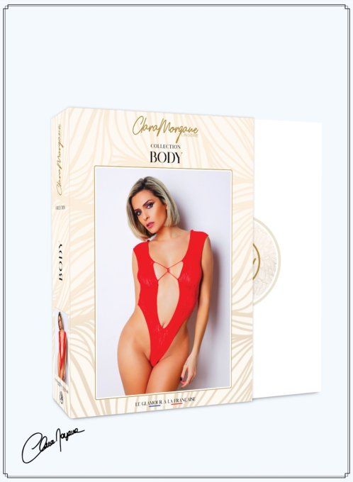 Body string rouge résille motif dentelle